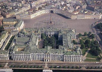 Aerial view over the Winter Palace, palace square and the General Staff Building